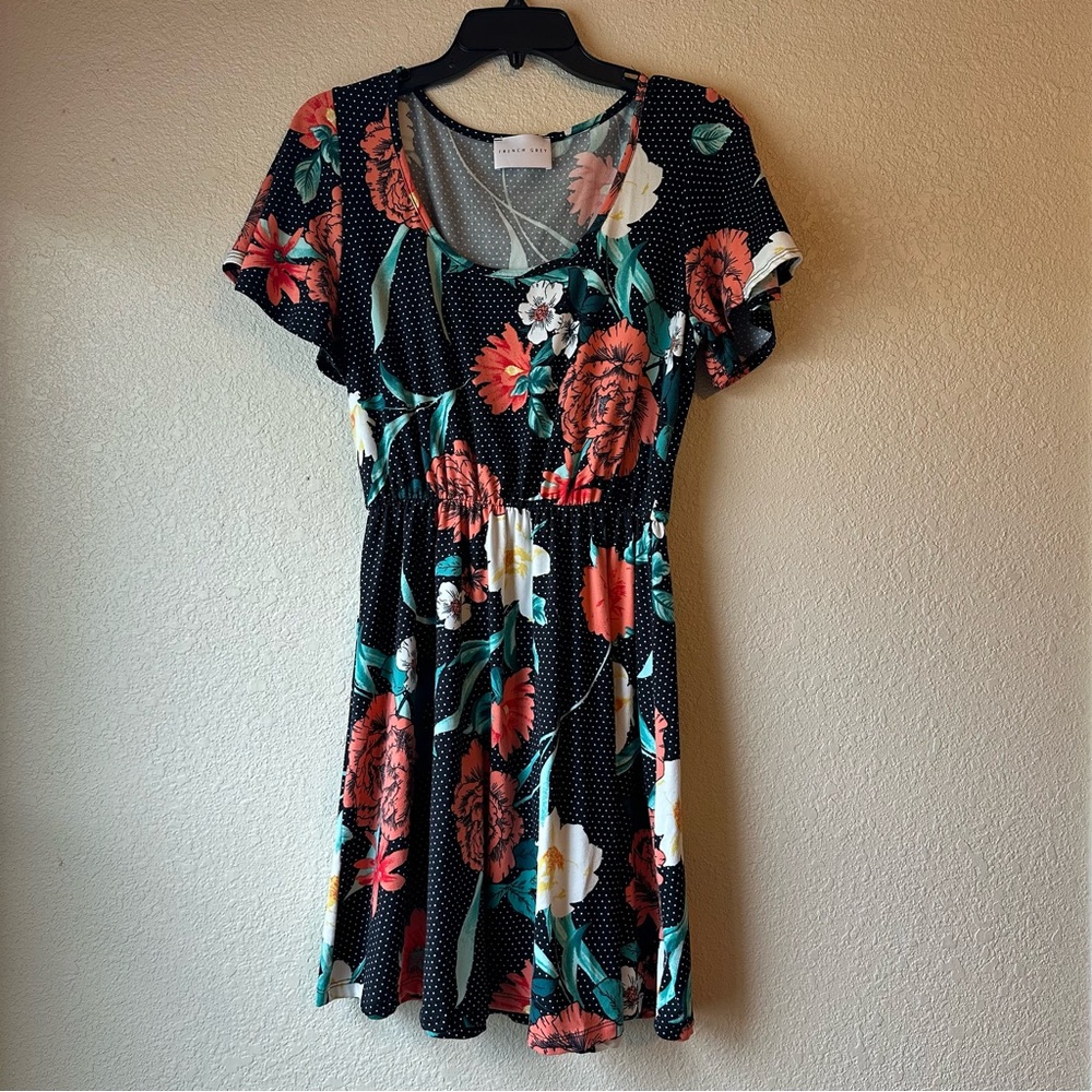 French Grey 🖤 Black Floral + Polkadot Mini Dress